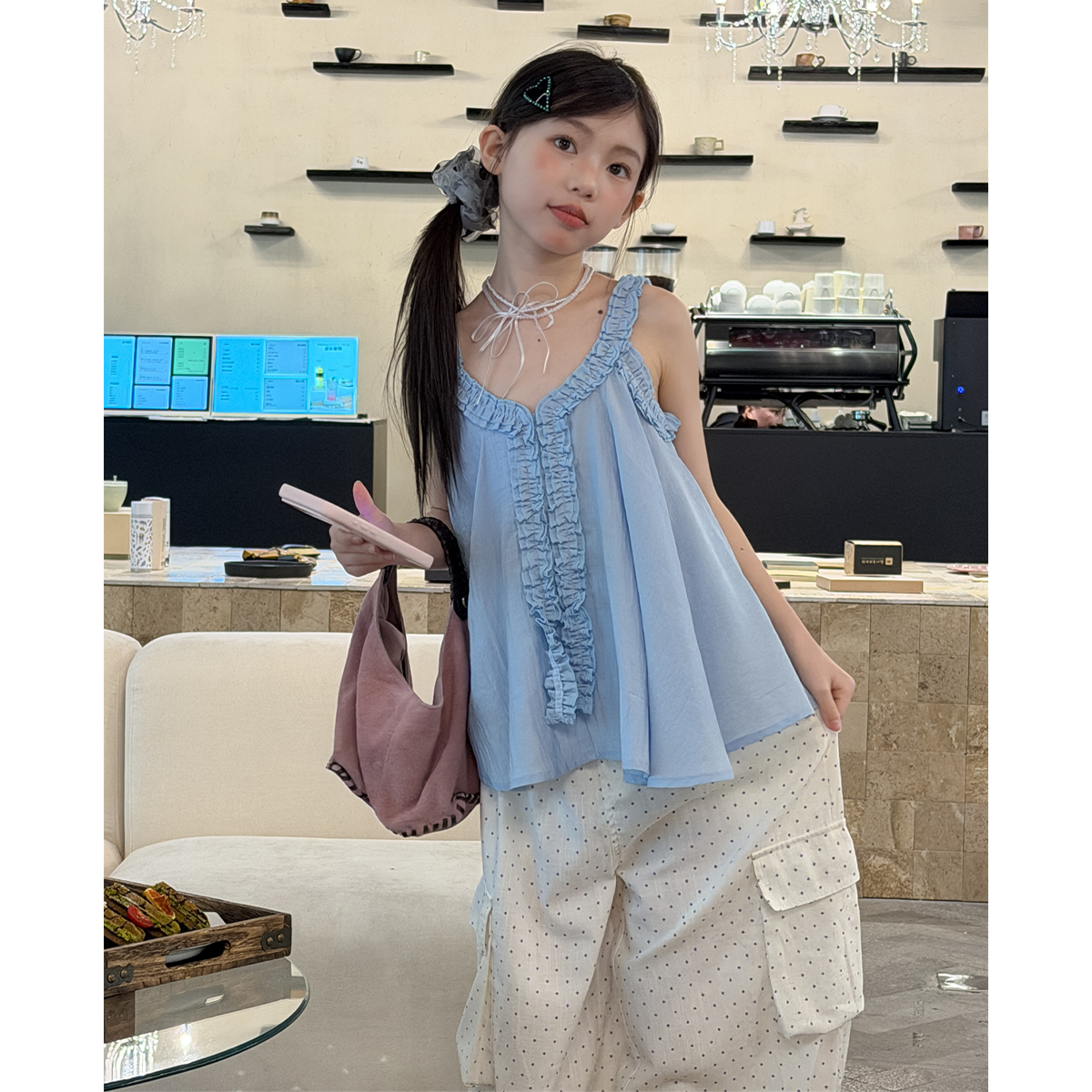 女童韩版法式甜美风荷叶边吊带背心226夏季女孩娃娃衫工装裤2件套