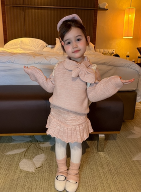 女童复古桃心领结毛线短裙套装