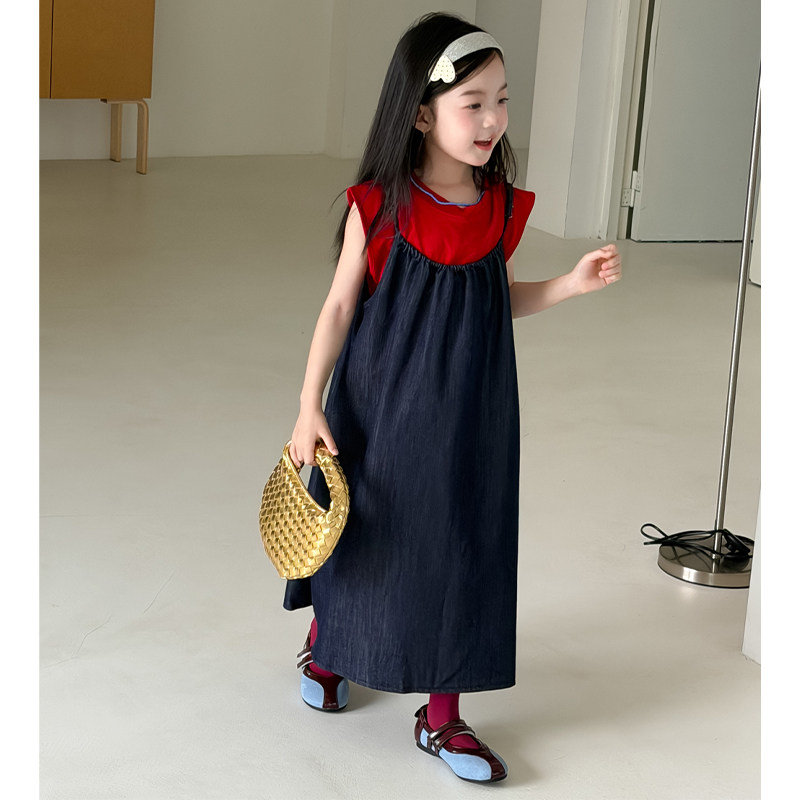 韩版女童牛仔连衣裙夏季新款女宝吊带中长裙2026新款度假风裙子套