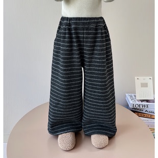 清仓女童毛呢条纹阔腿裤加绒束口女宝时髦休闲裤儿童冬季加厚长裤