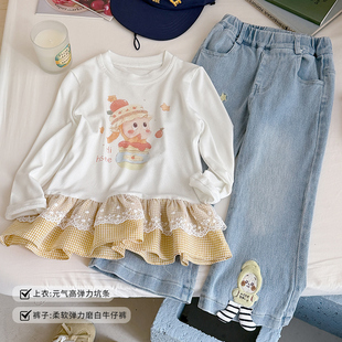 2026春季 套装 舒适休闲潮 甜美可爱风假两件卡通上衣牛仔裤 女童韩版