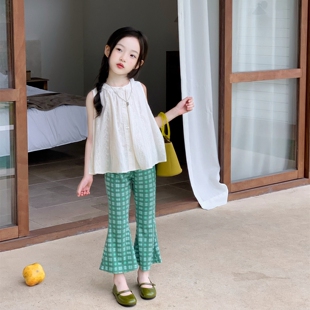 韩版女童夏季套装洋气无袖蕾丝娃娃衫上衣格子喇叭裤两件套夏装