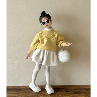 女童手工钩花毛衣秋冬装女宝宝精致复古泡泡袖针织衫上衣保暖线衫