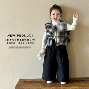 清仓女童格子棉马甲秋冬装2025韩版洋气儿童加厚保暖棉服背心外套