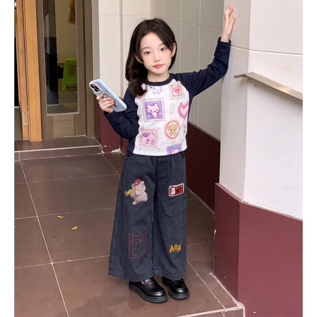 韩版女童卡通长袖打底衫时髦工装裤两件套秋季新款洋气百搭套装潮