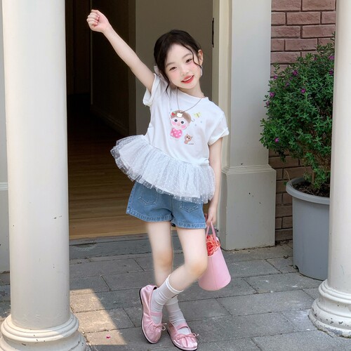 女童夏季韩版网纱T恤牛仔短裤套