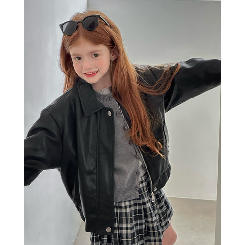 女童韩版皮衣外套翻领夹克开衫潮