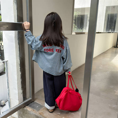 女童条纹牛仔衬衫秋季长袖宽松