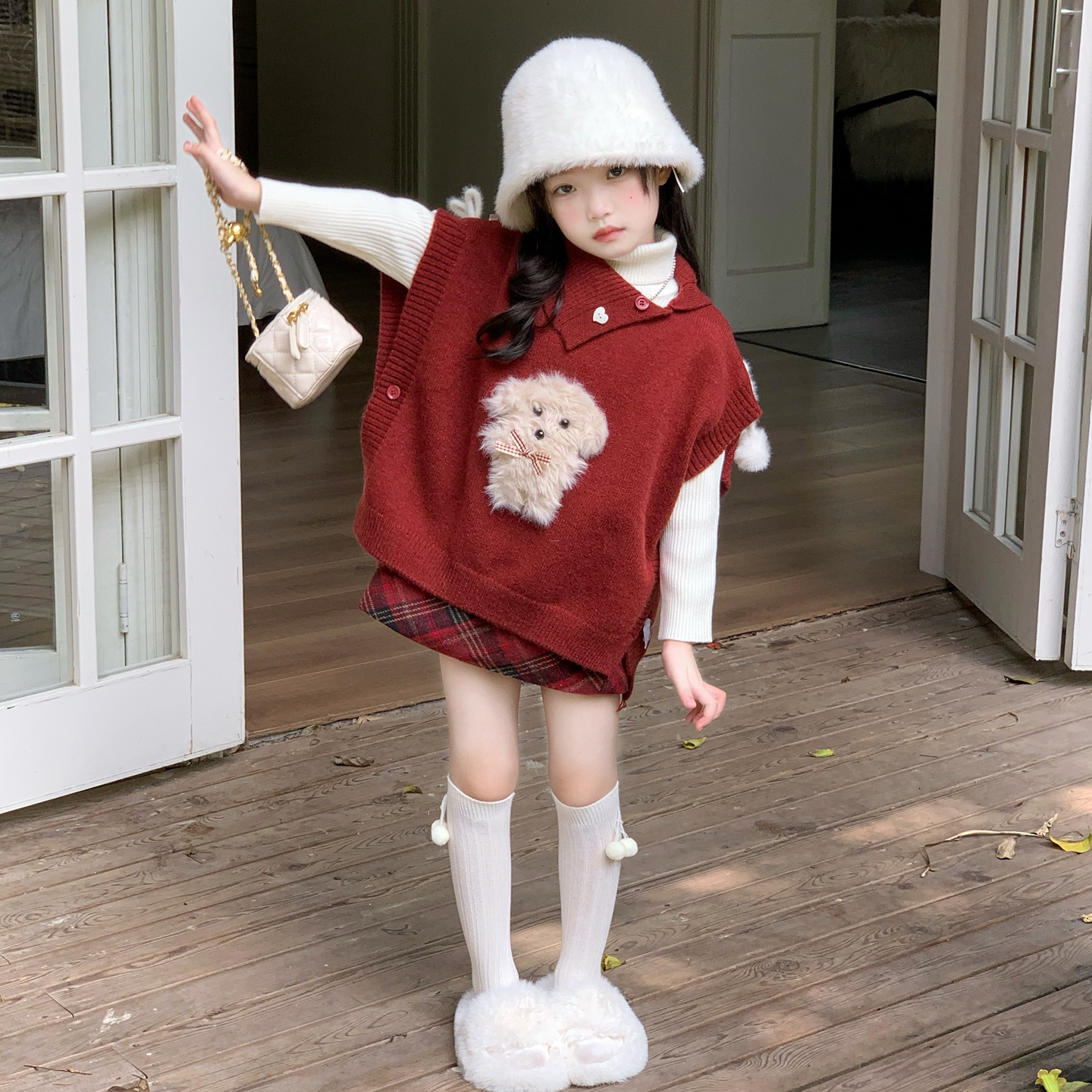女童套装毛衣马甲短裙三件套