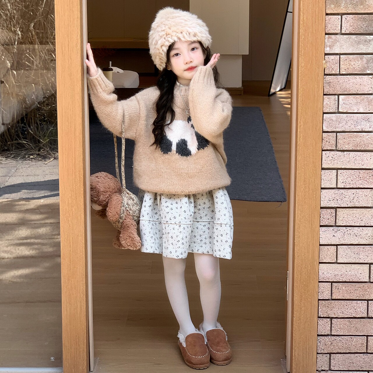 女童冬季毛呢短裙洋气裙子2026秋冬学院风碎花半身裙儿童套头毛衣