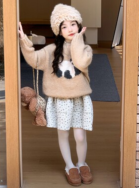 女童冬季学院风毛呢碎花短裙甜美