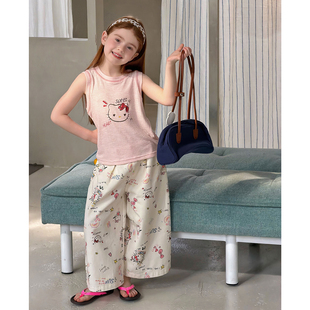 女童韩版卡通印花背心阔腿裤春夏两件套2026儿童春装可爱裤子套装
