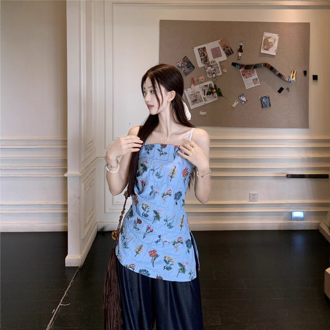 实拍 复古设计感小众花朵刺绣背心吊带上衣+阔腿裤子韩版女装新款