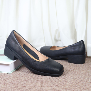 真皮静音单鞋 久站不累粗跟舒适防滑软底春季 女 女黑色职业鞋 工作鞋