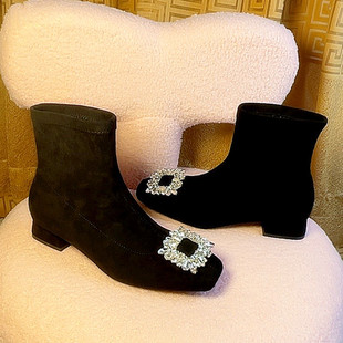 弹力瘦瘦靴袜靴2026春季 方扣网红粗跟绒面单靴加绒靴子短靴女 新款