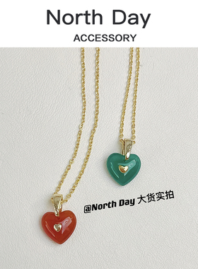 Northday自制实拍韩国设计师复古925纯银绿玉髓爱心玉石桃心项链