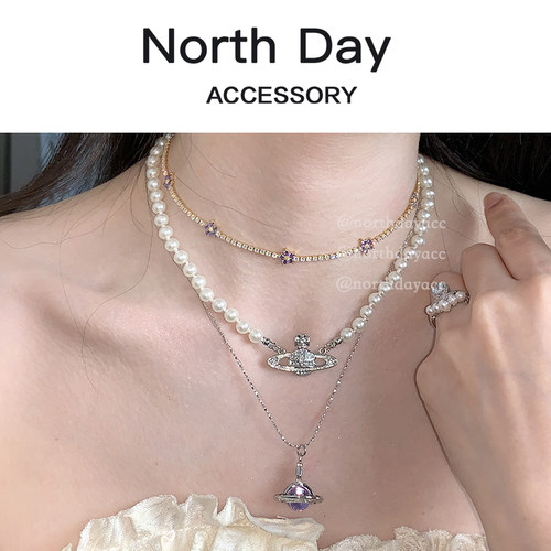 NorthDay高品质经典 土星镶钻欧阳娜娜同款辣妹正圆玻璃珍珠项链