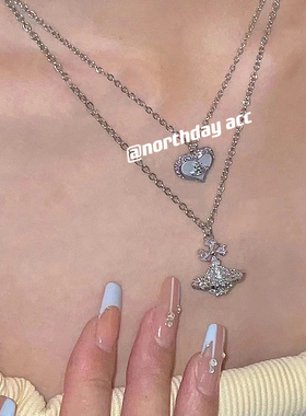 North Day高版本 钛钢土星极光灰蓝贝母爱心桃心耳钉项链925纯银