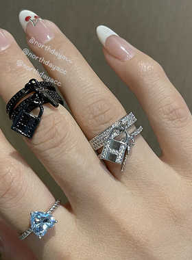 Northday设计师款Black微镶黑色锆石锁头钥匙双层开口个性戒指