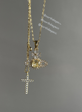 Northday自制限定鹅黄钻 有品位925纯银十字架土星星球项链锁骨链