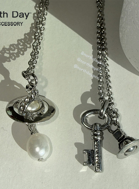 Northday实拍钥匙锁mini钛钢链条土星立体星球项链锁骨链