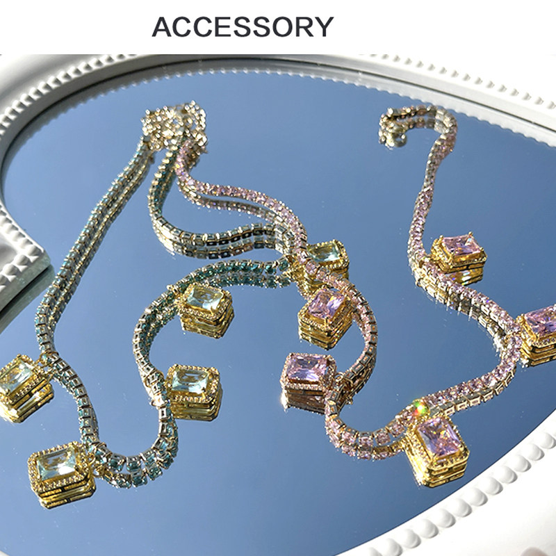 North Day特价ins欧美重工彩色复古时光方块宝石闪钻项链choker