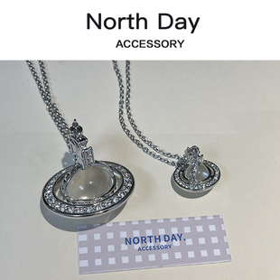 NorthDay 钛钢链条Pina透明方圆同款925土星立体铆钉项链