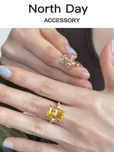 NorthDay自制果汁阳台轻奢竹节包裹缠绕长方形宝石进口戒指女