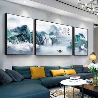 客厅装饰画沙发背景墙画挂画简约现代新中式壁画大气山水三联招财
