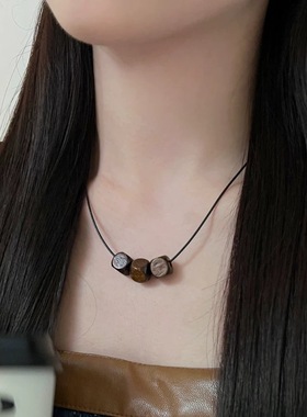 自制黑色编织绳木珠串珠项链女夏波西米亚复古风配饰百搭choker