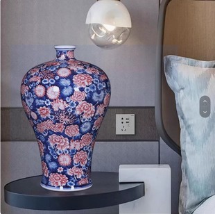 景德镇手绘青花釉里红花瓶摆件中式家居客厅电视柜装饰品