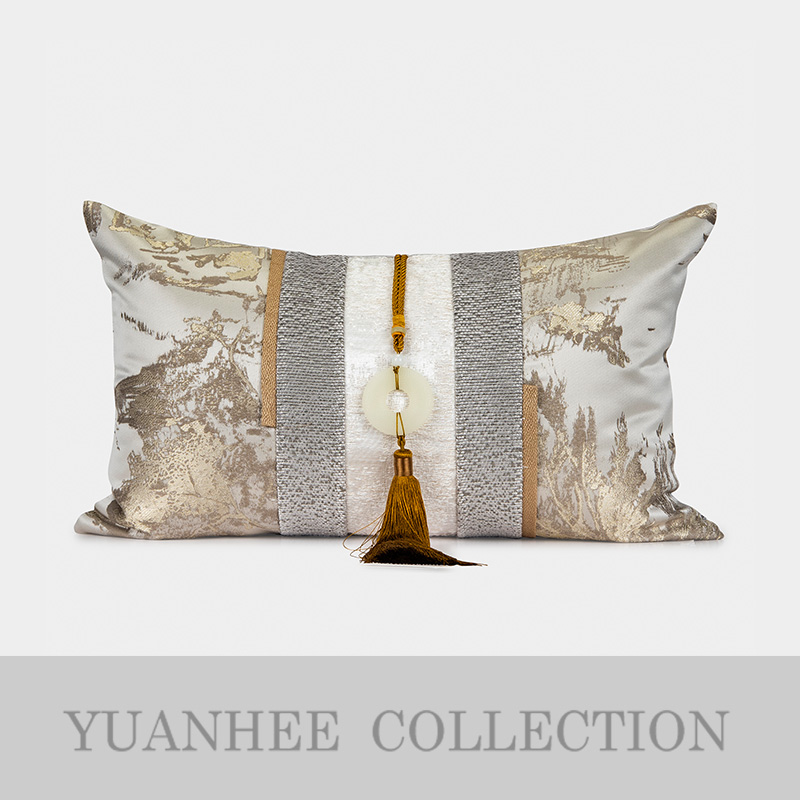 元熙壹品新中式样板房客厅沙发抱枕靠垫灰金抽象山纹加玉卧室腰枕
