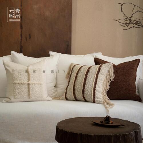 元熙壹品【中古侘寂风】棕橘色棉麻靠枕靠垫酒店客厅拼接沙发抱枕