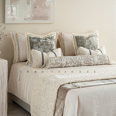 【轻奢风】高档床上四件套法式样板间民宿女孩房冰绿色床品11件套
