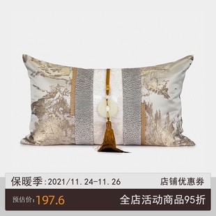 元 样板房客厅沙发抱枕靠垫灰金抽象山纹加玉卧室腰枕 熙壹品新中式