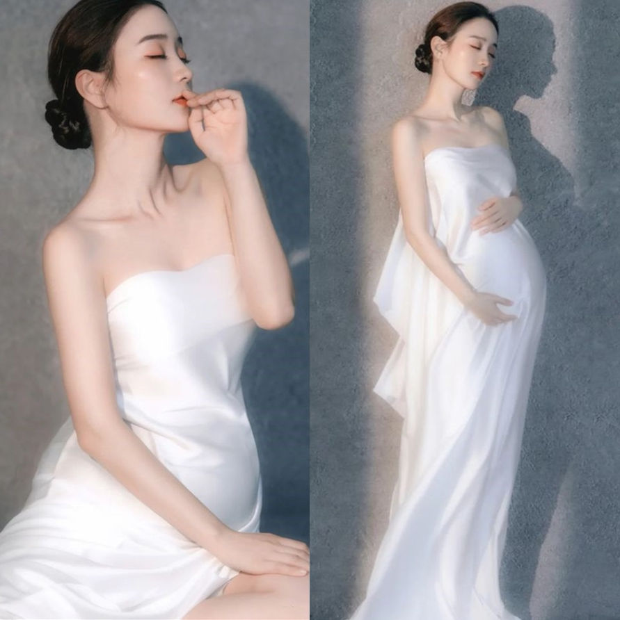 2023新款时尚孕妇照写真服装裙影楼拍大气缎面仙儿白孕味妈咪写真