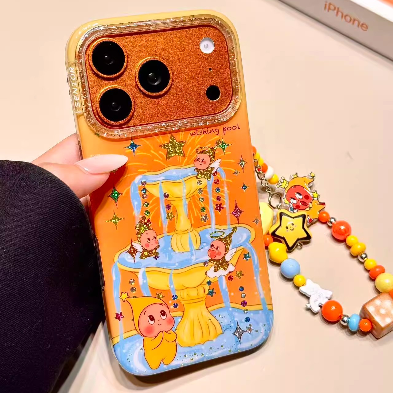 星宇橙鎏金喷泉星星男孩带链条适用苹果17promax手机壳iphone16新款15pro女款14pm全包保护壳