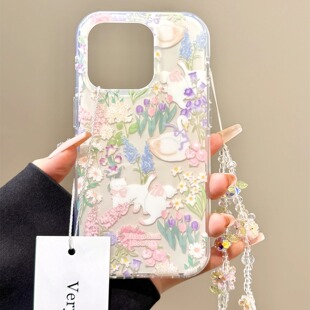 ins风小清新花丛蝴蝶结猫咪天鹅适用苹果17promax手机壳iphone16新款 14pm全包保护壳 15pro女款