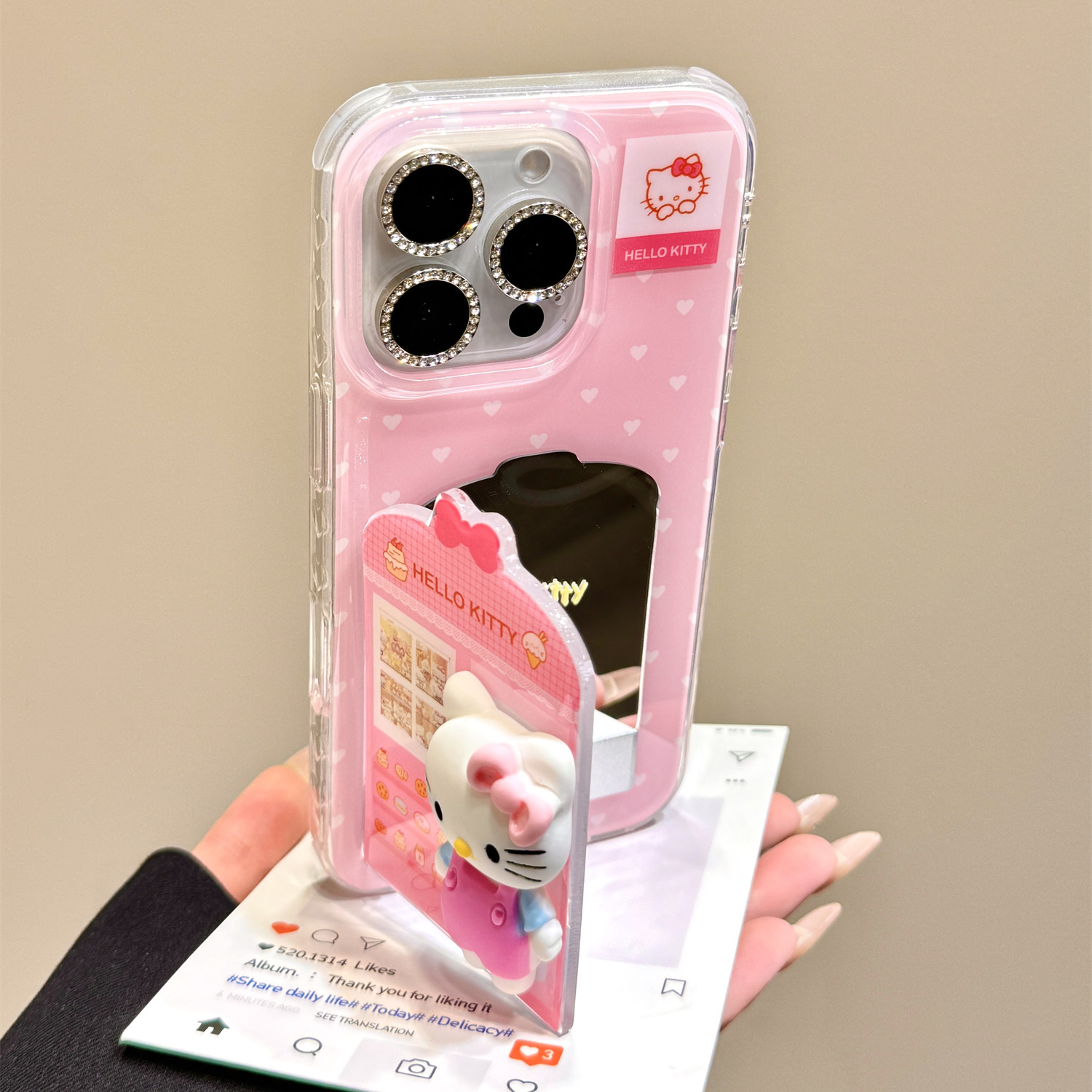创意粉底爱心便利店猫咪镜面支架挂件适用苹果16promax手机壳iphone15新款14pro女款13pm全包保护壳