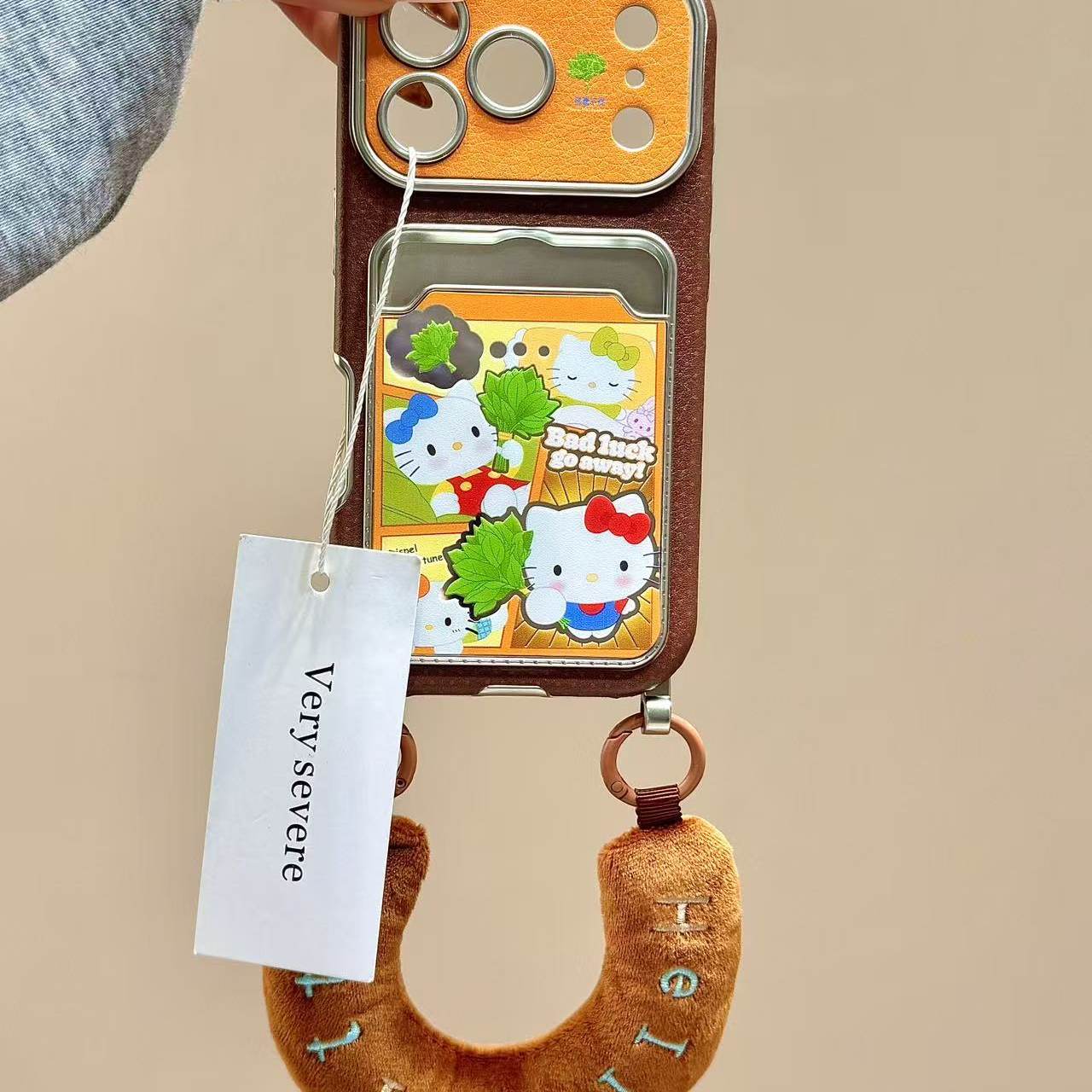 皮纹大视窗柚子叶猫咪卡包腕带适用苹果17promax手机壳iphone16新款15pro女款14pm全包保护壳