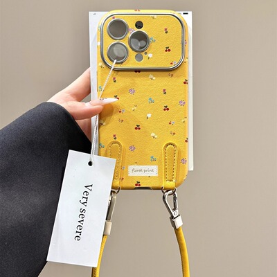 ins风韩系油画碎花手拎绳适用苹果16promax手机壳iphone15新款14pro女款12可爱13pm皮革大视窗全包保护壳