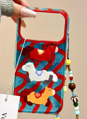 锡纸纹波浪蓝条纹三只小马链条适用苹果17promax手机壳iphone16新款15pro女款14pm全包保护壳