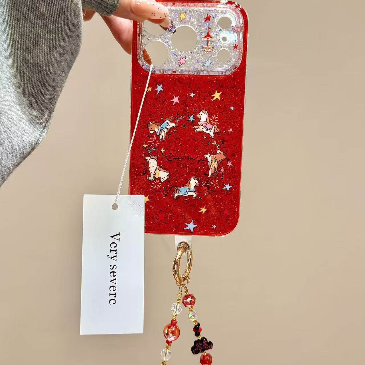 亮片闪粉红底星星小马手拎珠链适用苹果17promax手机壳iphone16新款15pro女款14pm全包保护壳,3C数码配件,手机保护套/壳,淘宝优惠券,粉丝福利购,淘宝优惠卷