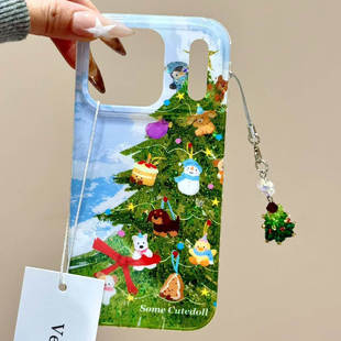 日韩卡通闪粉圣诞树小动物挂件适用苹果17promax手机壳iphone16新款15pro女款14pm全包保护壳