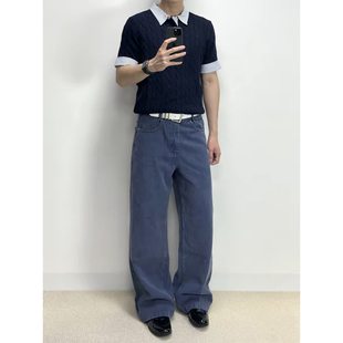 美式高街cleanfit复古水洗法工蓝色伐木工装休闲裤男宽松直筒裤子