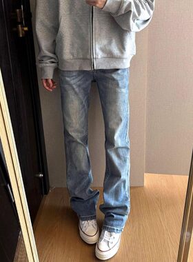 浅蓝色美式复古微喇牛仔裤男春季高街vibe裤子修身显瘦窄版直筒裤