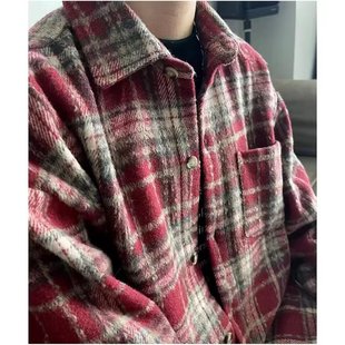 ins港味情侣款 重磅复古格子长袖 春秋装 男士 磨毛衬衣小众外套 衬衫