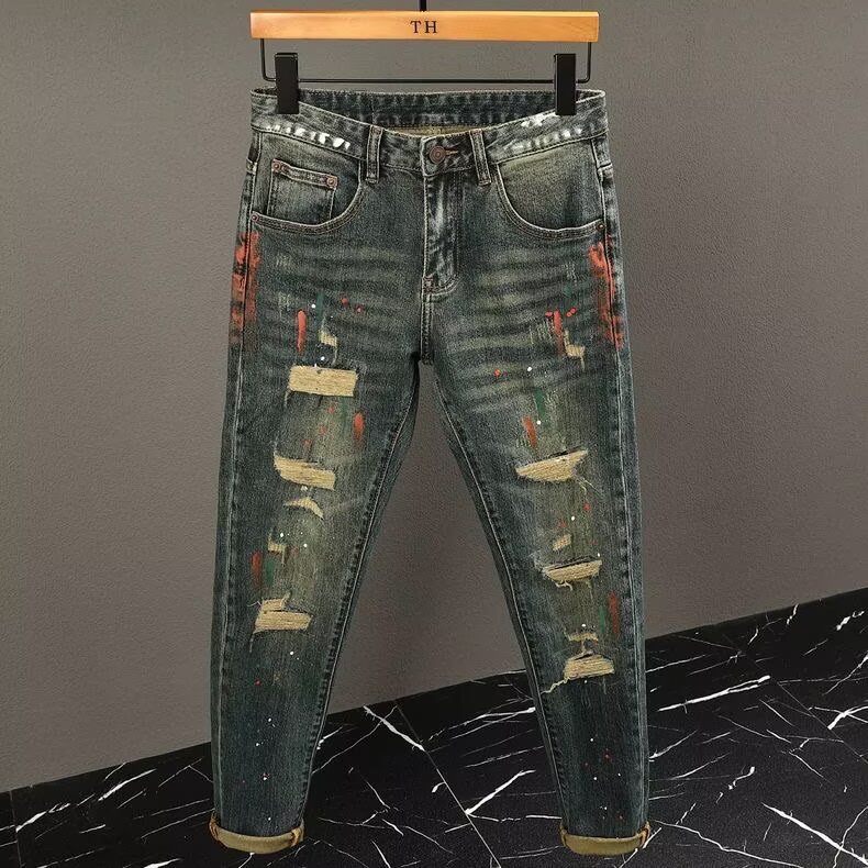 牛仔裤男潮牌修身显瘦小脚裤子韩版秋季破洞乞丐春秋休闲男士长裤