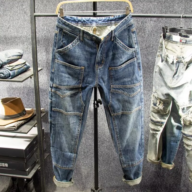 日系复古多口袋工装牛仔裤男潮牌痞帅宽松直筒哈伦裤春秋季长裤子
