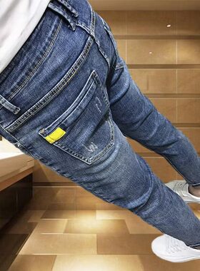 社会精神小伙个性百搭九分牛仔裤潮男潮牌修身小脚网红裤子紧身裤
